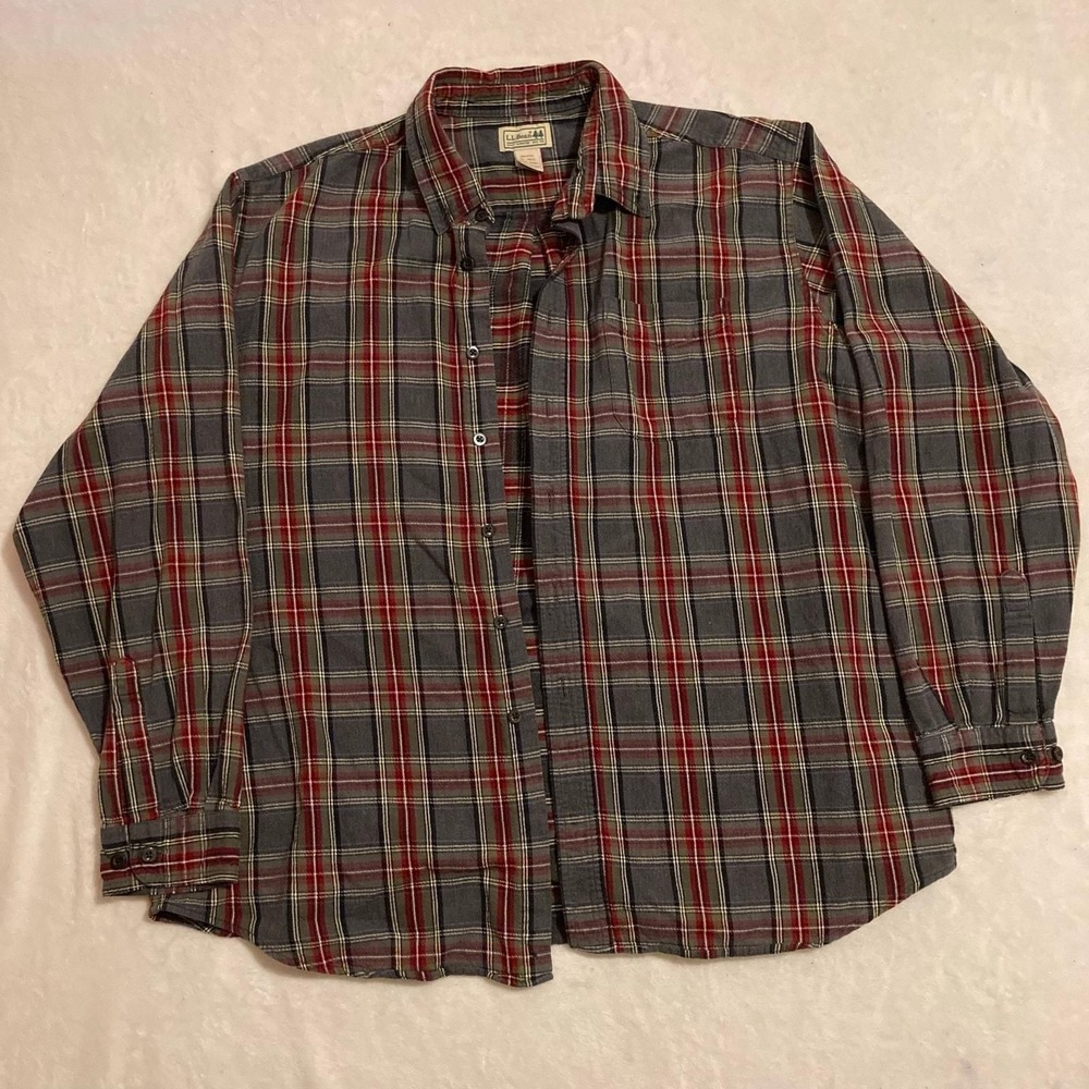 LL Bean Flannel Shirt Mens Reg Grey Red Cotton Plaid Classic Button Down XL